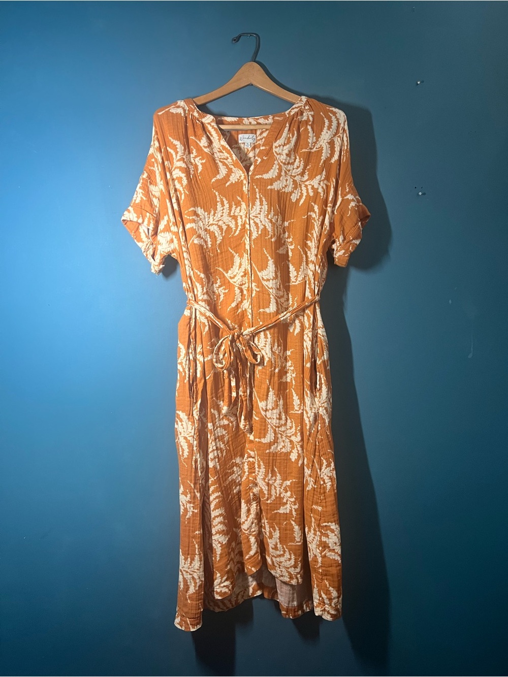 Wonderly Orange Floral Tie-Waist Midi Dress with Fern pattern 100% cotton SOFT